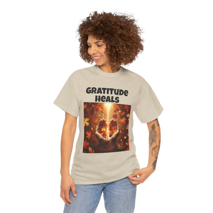 Gratitude Heals Unisex T-Shirt - Autumn Leaves and Healing Hands Design - Casual, Cotton, Fit