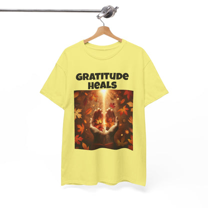 Gratitude Heals Unisex T-Shirt - Autumn Leaves and Healing Hands Design - Casual, Cotton, Fit