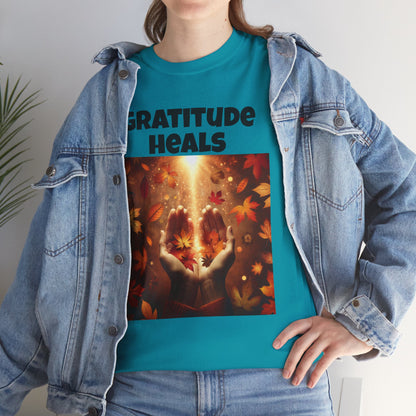 Gratitude Heals Unisex T-Shirt - Autumn Leaves and Healing Hands Design - Casual, Cotton, Fit