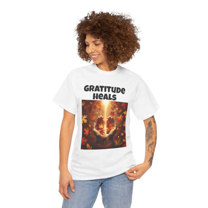 Gratitude Heals Unisex T-Shirt - Autumn Leaves and Healing Hands Design - Casual, Cotton, Fit