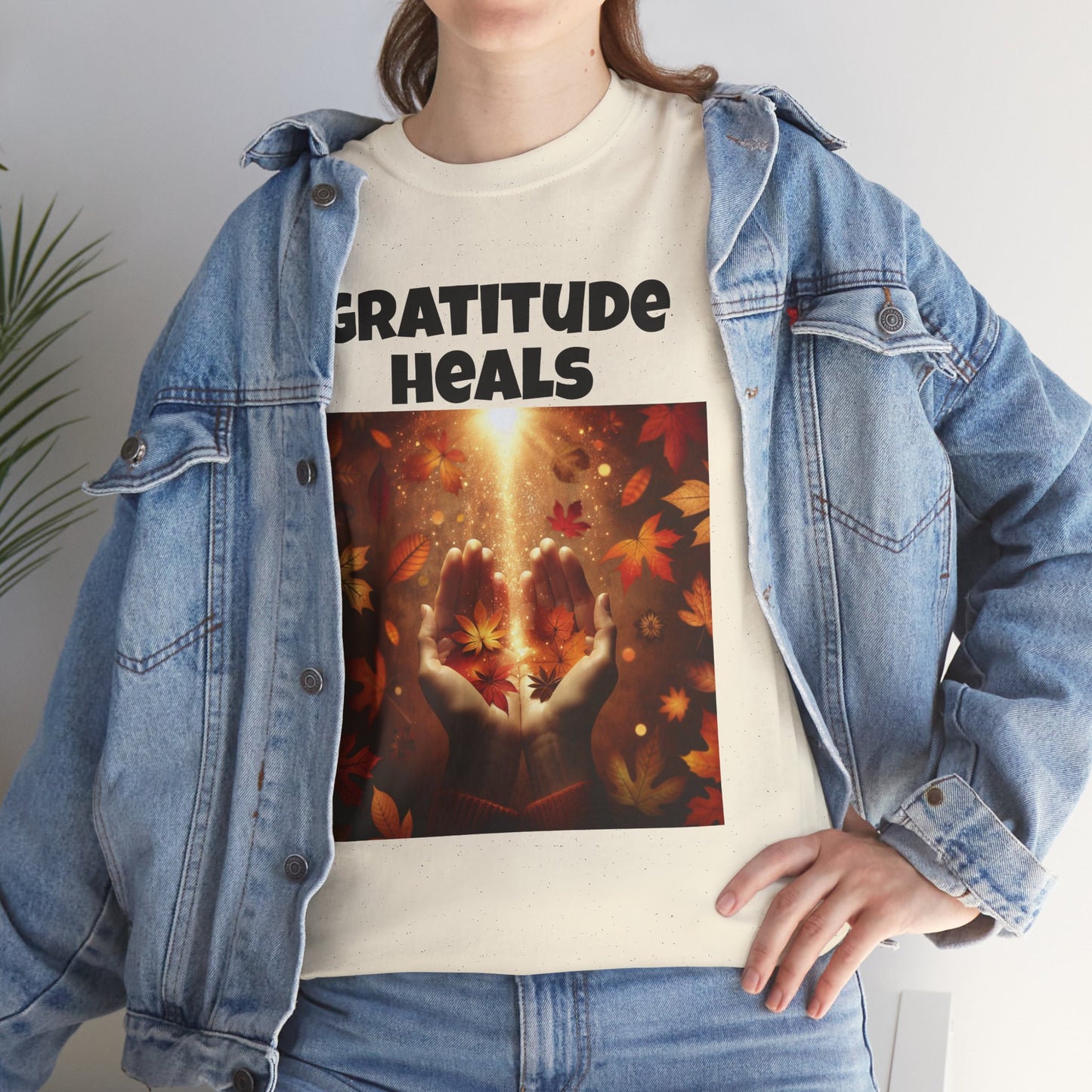 Gratitude Heals Unisex T-Shirt - Autumn Leaves and Healing Hands Design - Casual, Cotton, Fit