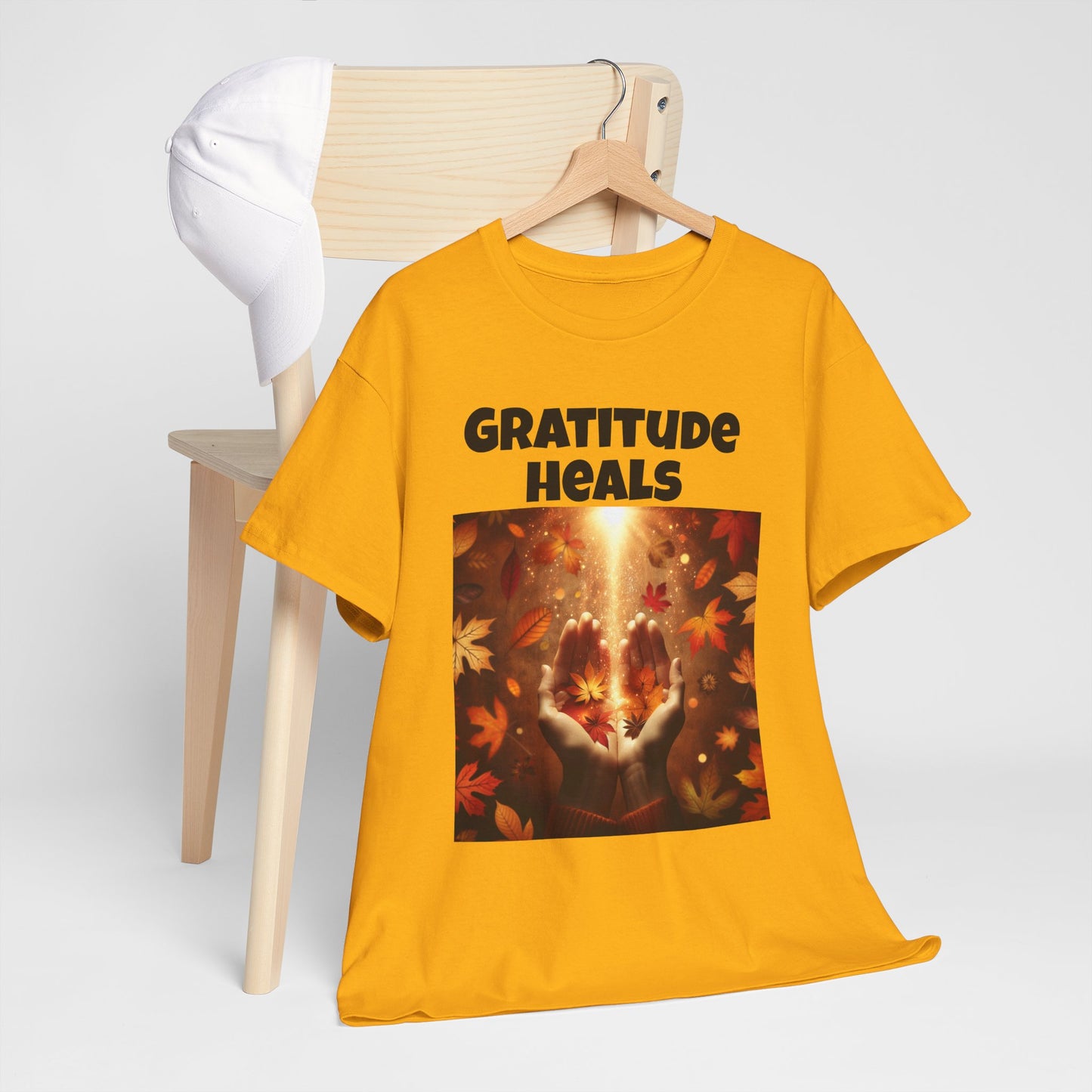 Gratitude Heals Unisex T-Shirt - Autumn Leaves and Healing Hands Design - Casual, Cotton, Fit