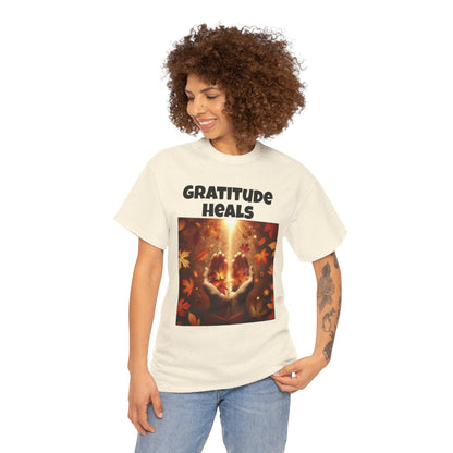 Gratitude Heals Unisex T-Shirt - Autumn Leaves and Healing Hands Design - Casual, Cotton, Fit