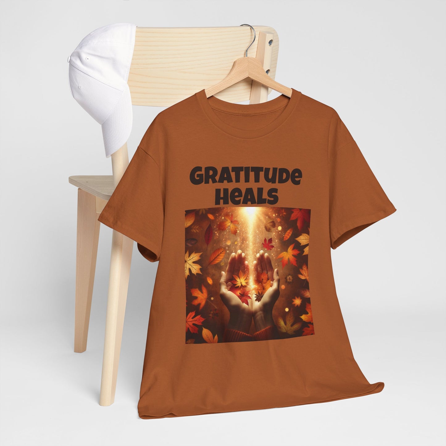 Gratitude Heals Unisex T-Shirt - Autumn Leaves and Healing Hands Design - Casual, Cotton, Fit