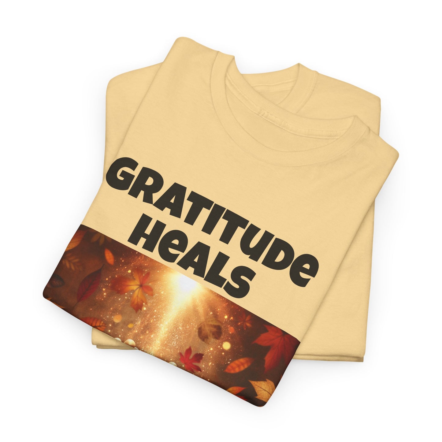 Gratitude Heals Unisex T-Shirt - Autumn Leaves and Healing Hands Design - Casual, Cotton, Fit