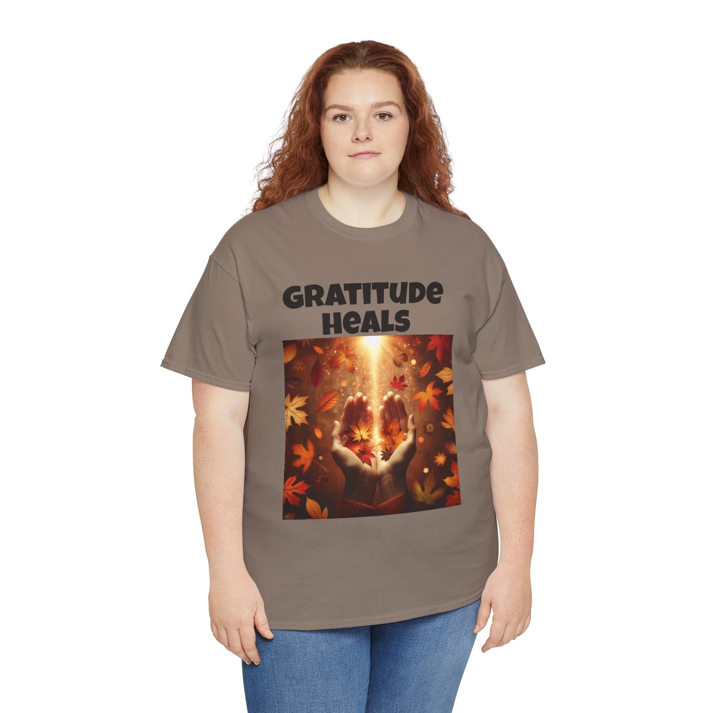 Gratitude Heals Unisex T-Shirt - Autumn Leaves and Healing Hands Design - Casual, Cotton, Fit