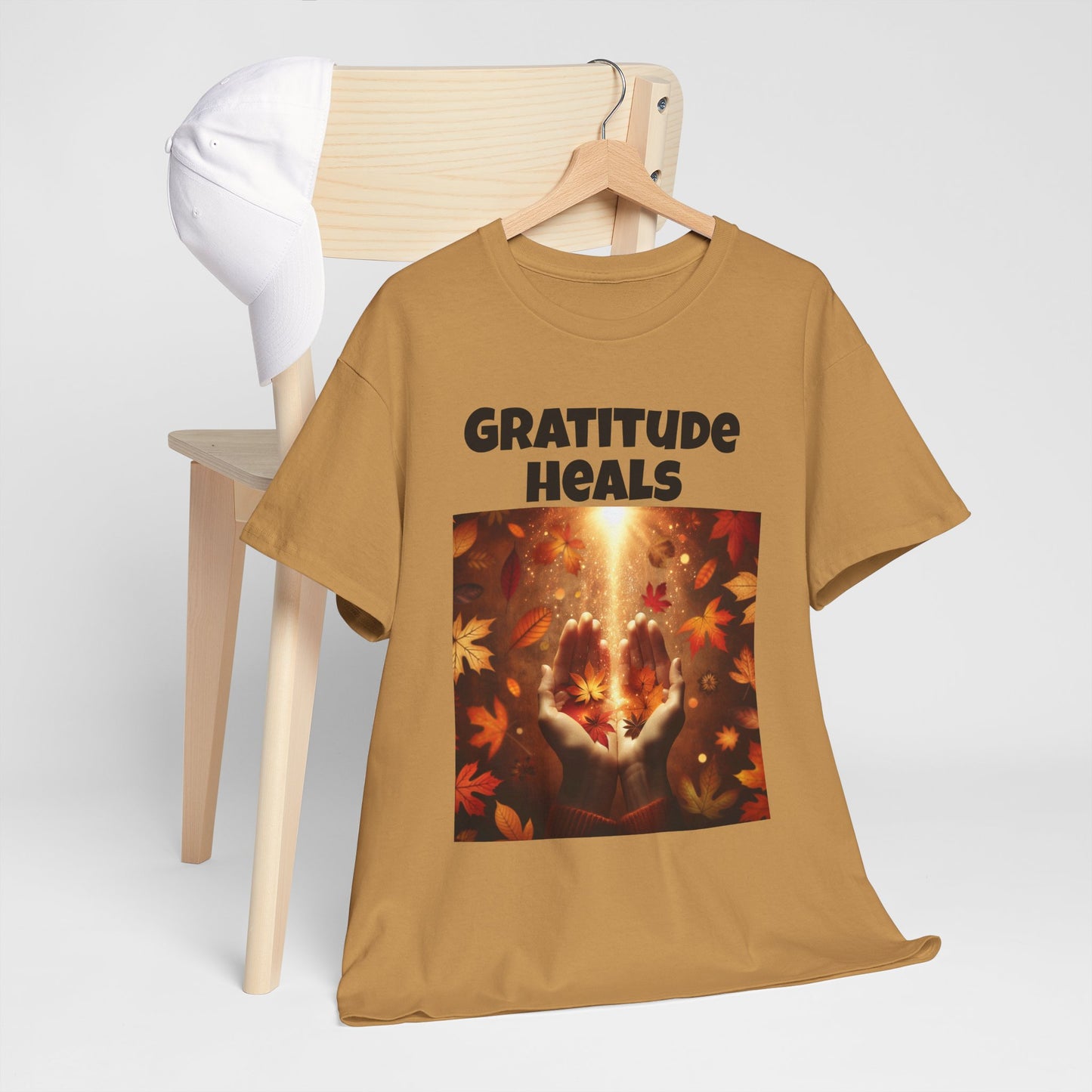 Gratitude Heals Unisex T-Shirt - Autumn Leaves and Healing Hands Design - Casual, Cotton, Fit