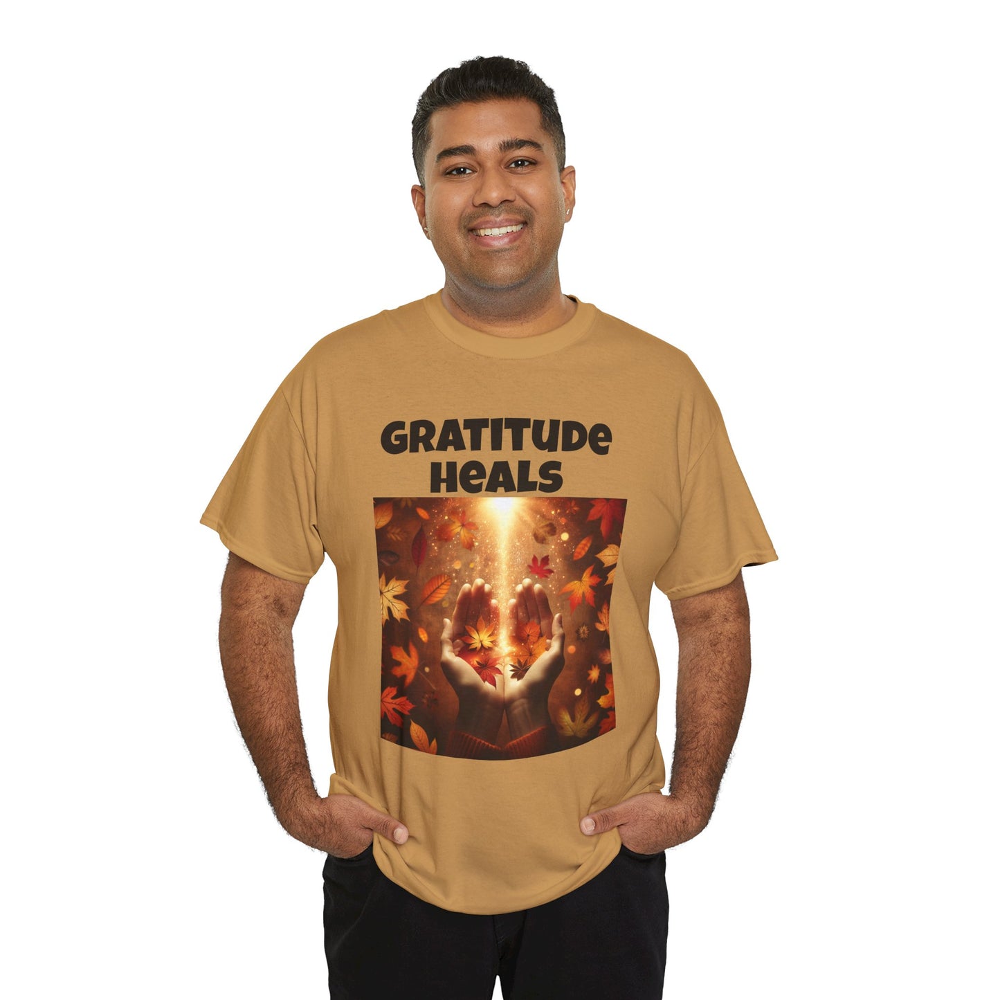 Gratitude Heals Unisex T-Shirt - Autumn Leaves and Healing Hands Design - Casual, Cotton, Fit