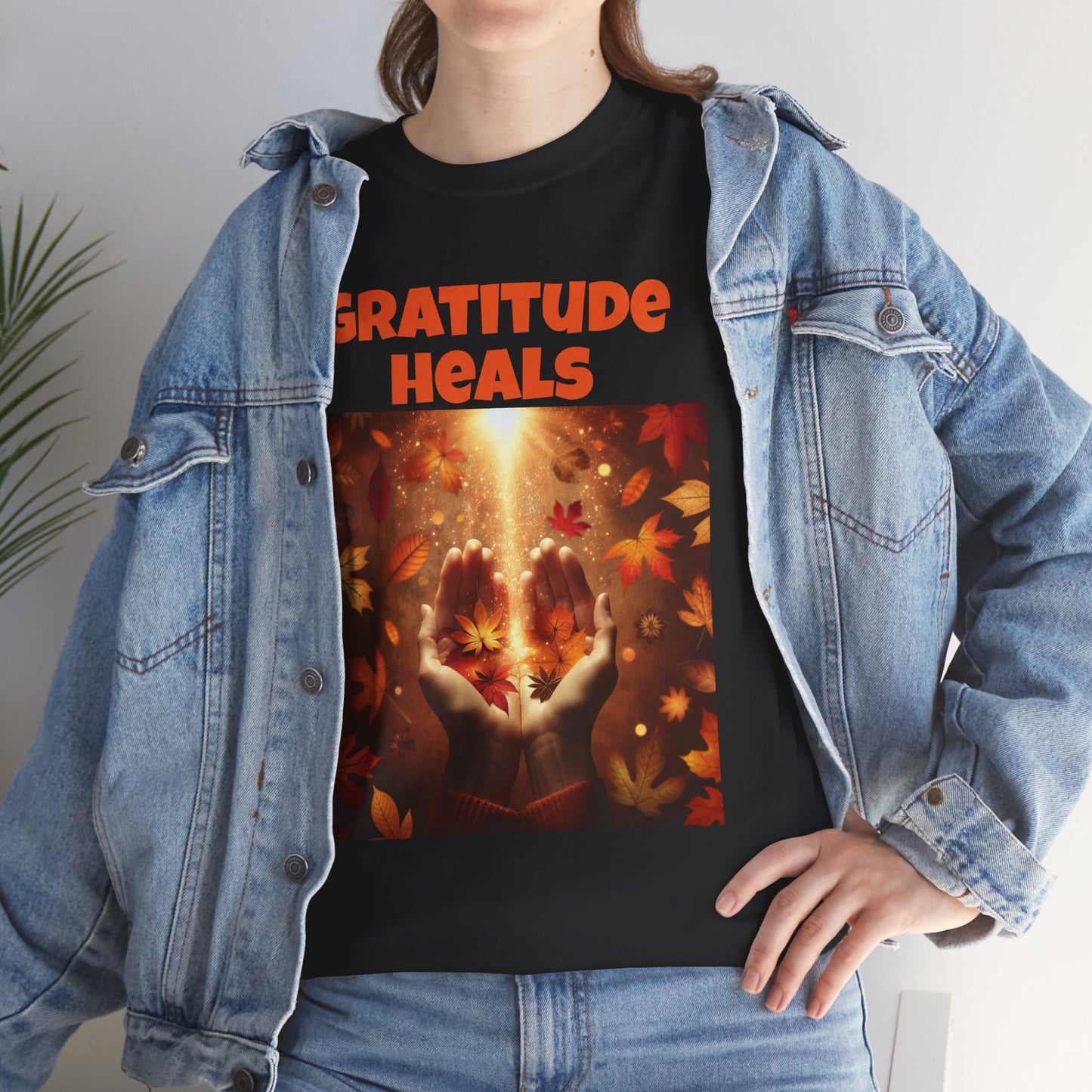 Gratitude Heals Unisex T-Shirt - Autumn Leaves and Healing Hands Design - Casual, Cotton, Fit