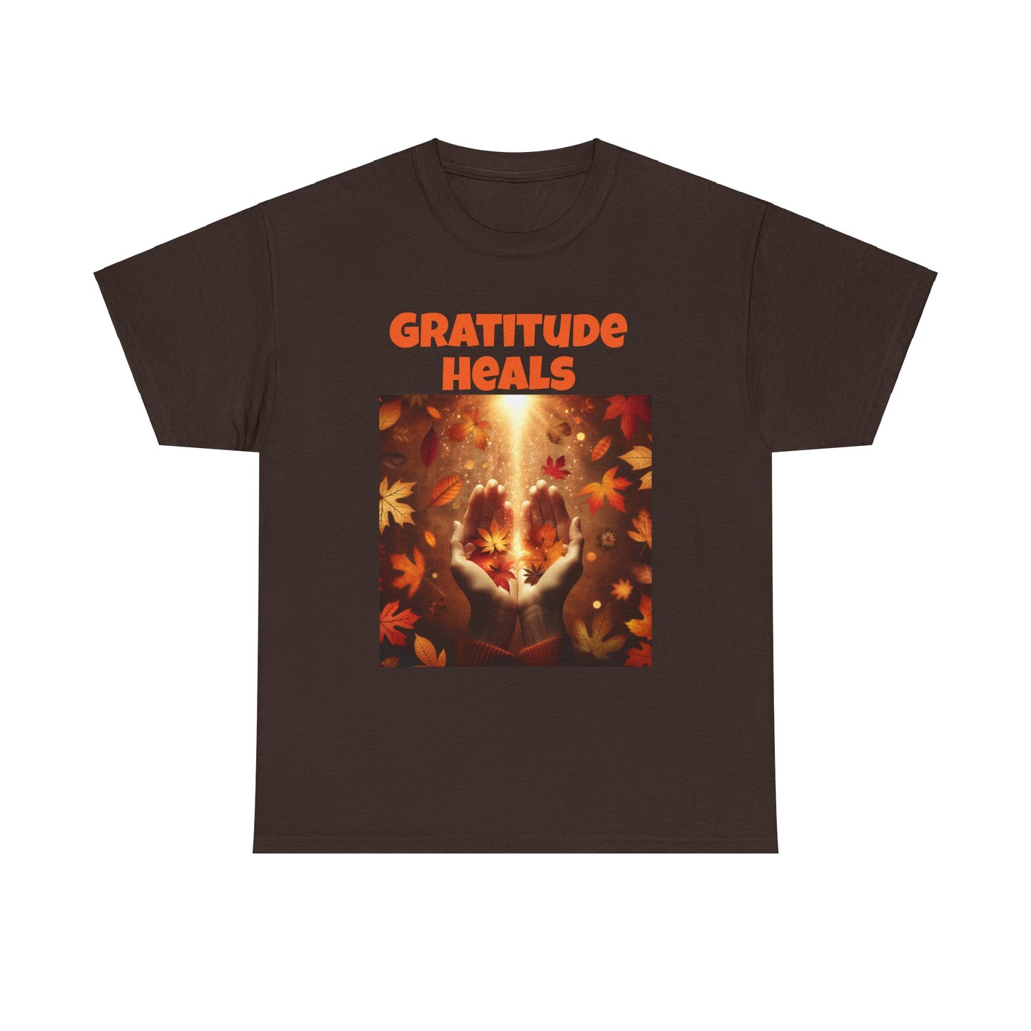 Gratitude Heals Unisex T-Shirt - Autumn Leaves and Healing Hands Design - Casual, Cotton, Fit