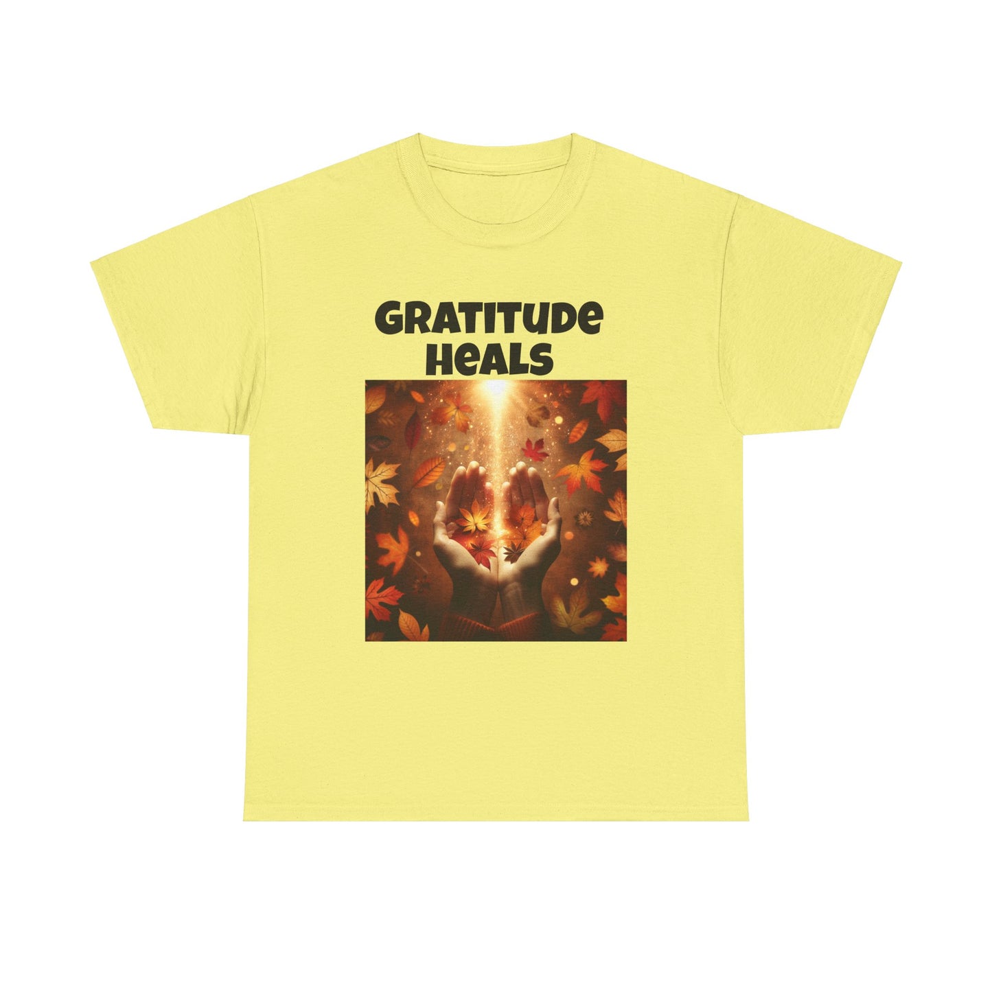 Gratitude Heals Unisex T-Shirt - Autumn Leaves and Healing Hands Design - Casual, Cotton, Fit