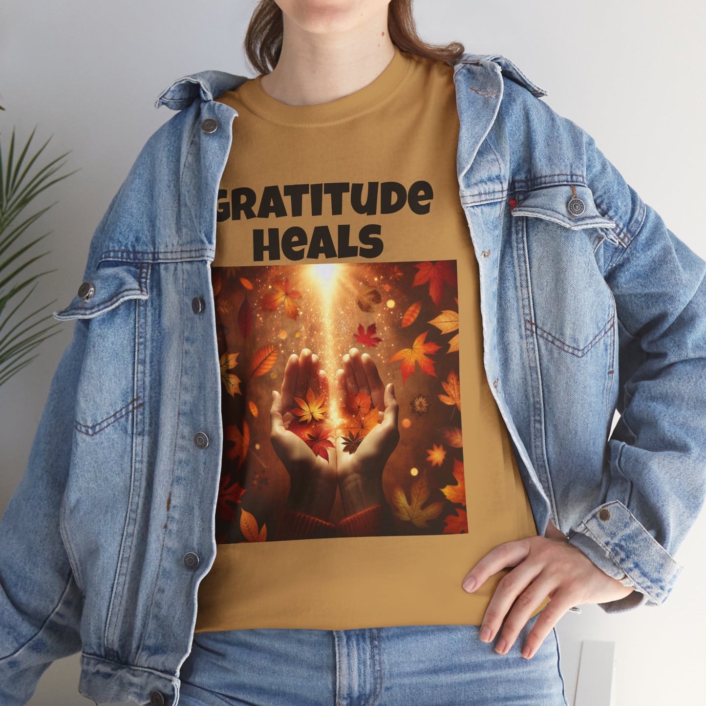 Gratitude Heals Unisex T-Shirt - Autumn Leaves and Healing Hands Design - Casual, Cotton, Fit