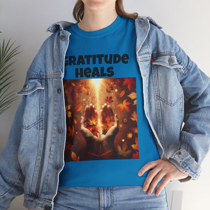 Gratitude Heals Unisex T-Shirt - Autumn Leaves and Healing Hands Design - Casual, Cotton, Fit