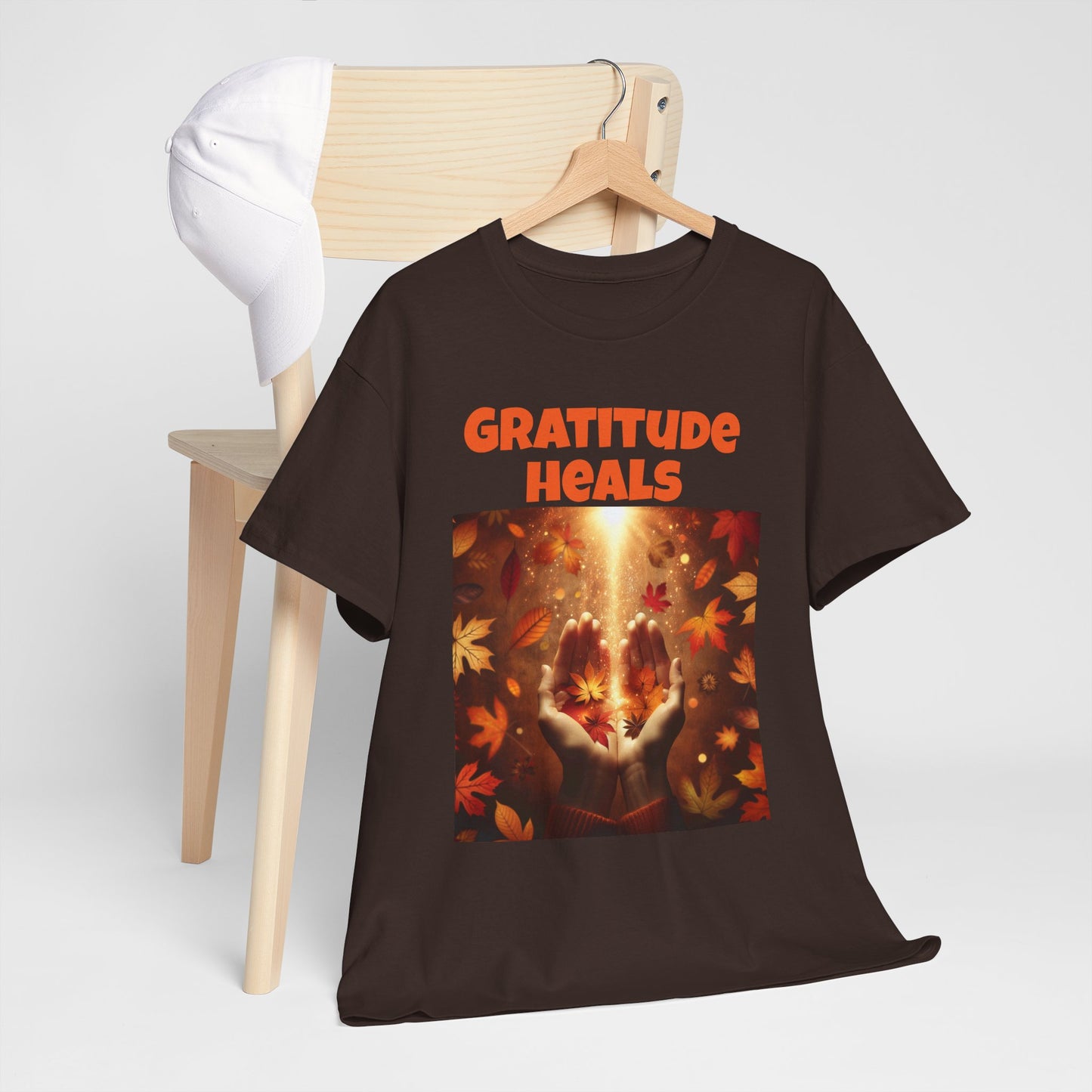 Gratitude Heals Unisex T-Shirt - Autumn Leaves and Healing Hands Design - Casual, Cotton, Fit