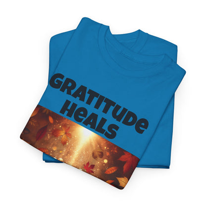 Gratitude Heals Unisex T-Shirt - Autumn Leaves and Healing Hands Design - Casual, Cotton, Fit