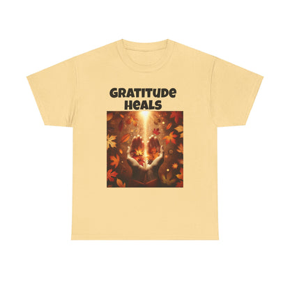 Gratitude Heals Unisex T-Shirt - Autumn Leaves and Healing Hands Design - Casual, Cotton, Fit