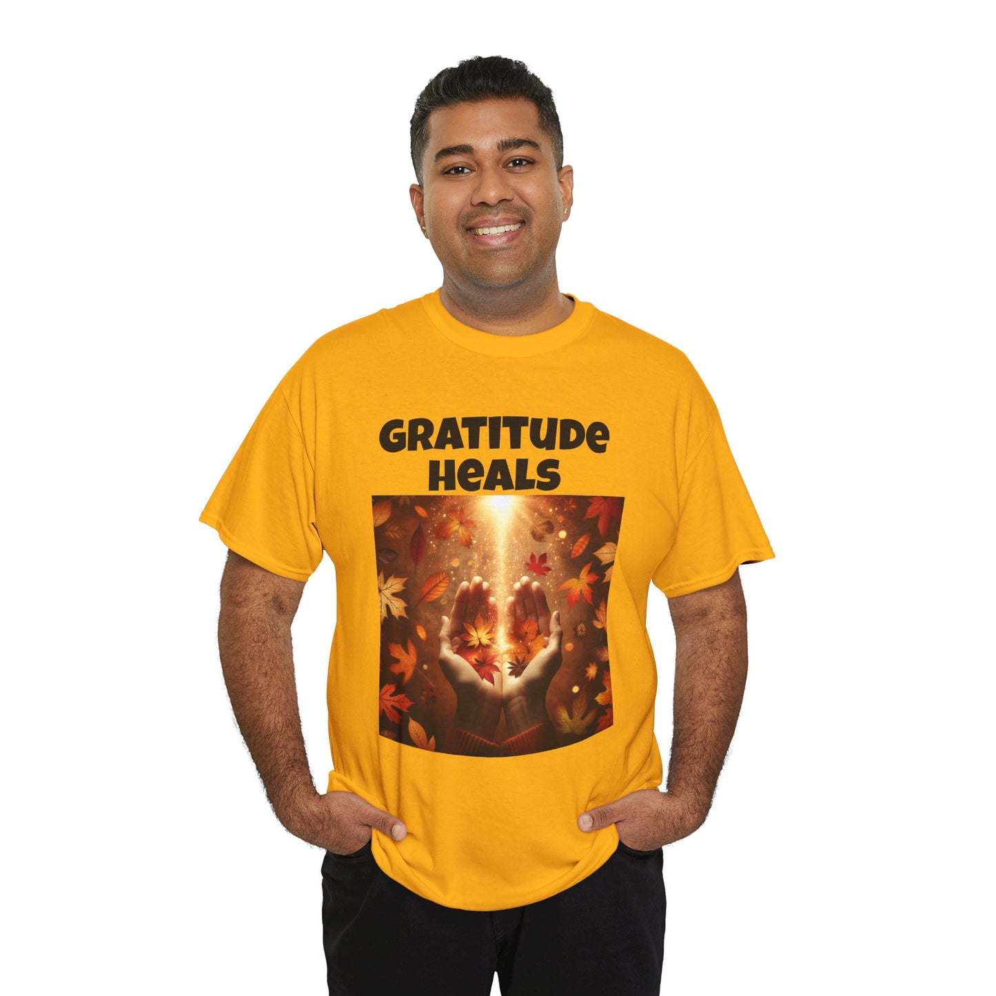 Gratitude Heals Unisex T-Shirt - Autumn Leaves and Healing Hands Design - Casual, Cotton, Fit