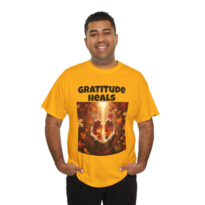 Gratitude Heals Unisex T-Shirt - Autumn Leaves and Healing Hands Design - Casual, Cotton, Fit