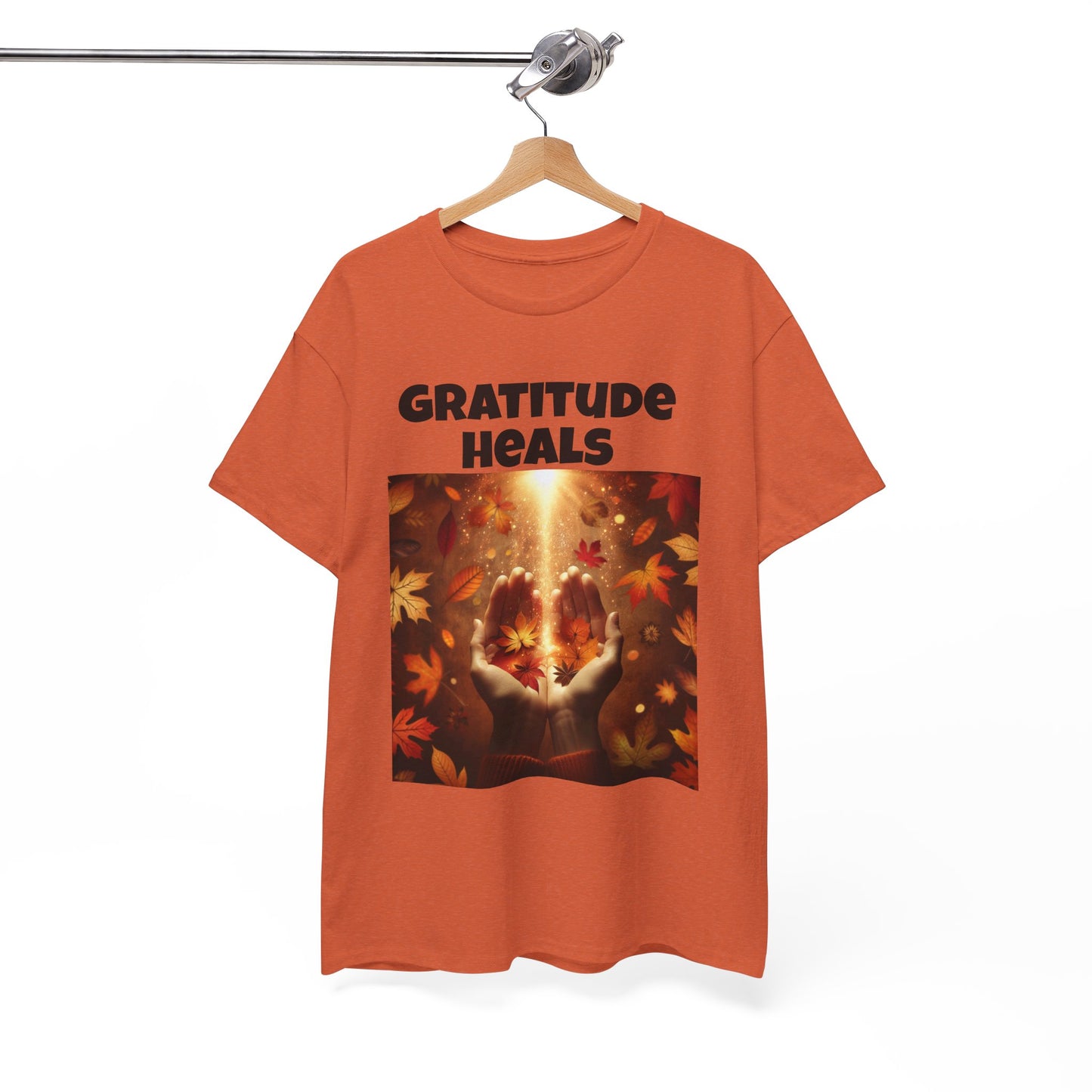 Gratitude Heals Unisex T-Shirt - Autumn Leaves and Healing Hands Design - Casual, Cotton, Fit