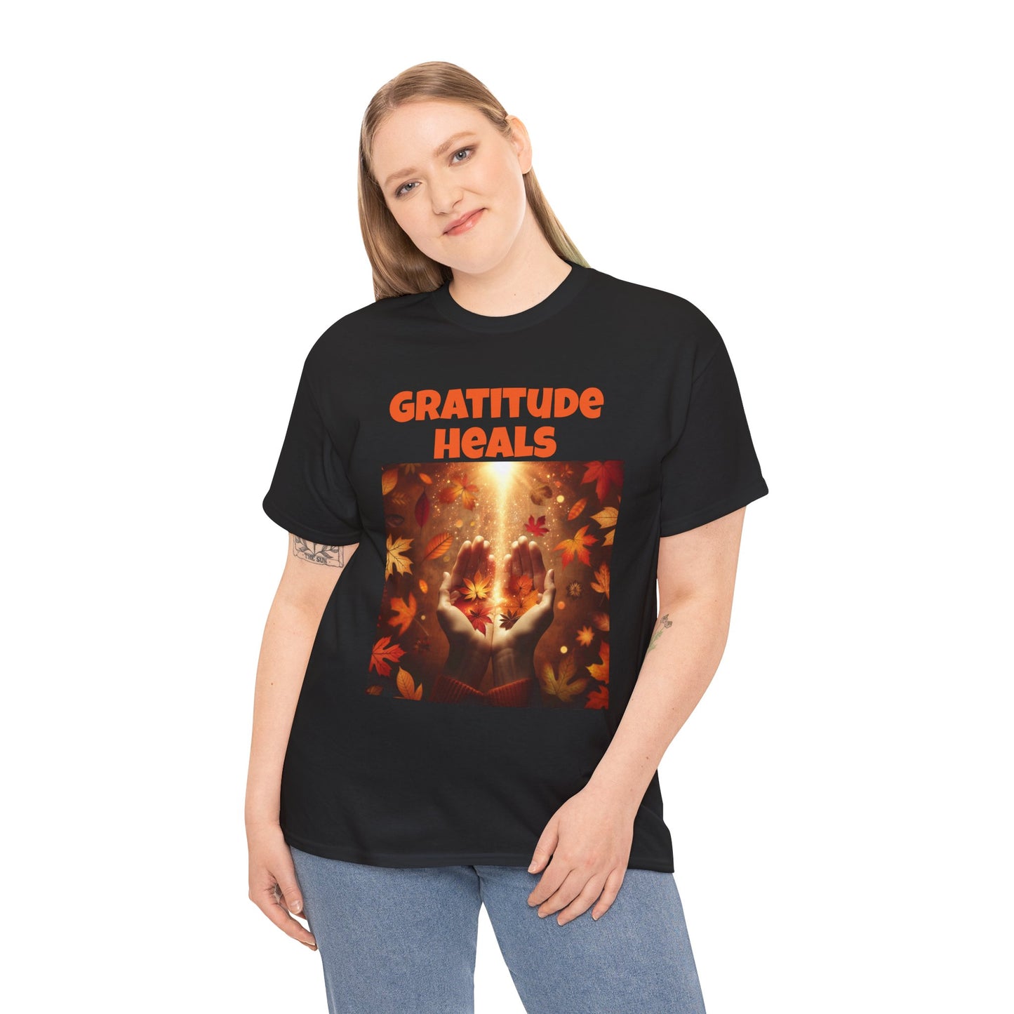 Gratitude Heals Unisex T-Shirt - Autumn Leaves and Healing Hands Design - Casual, Cotton, Fit