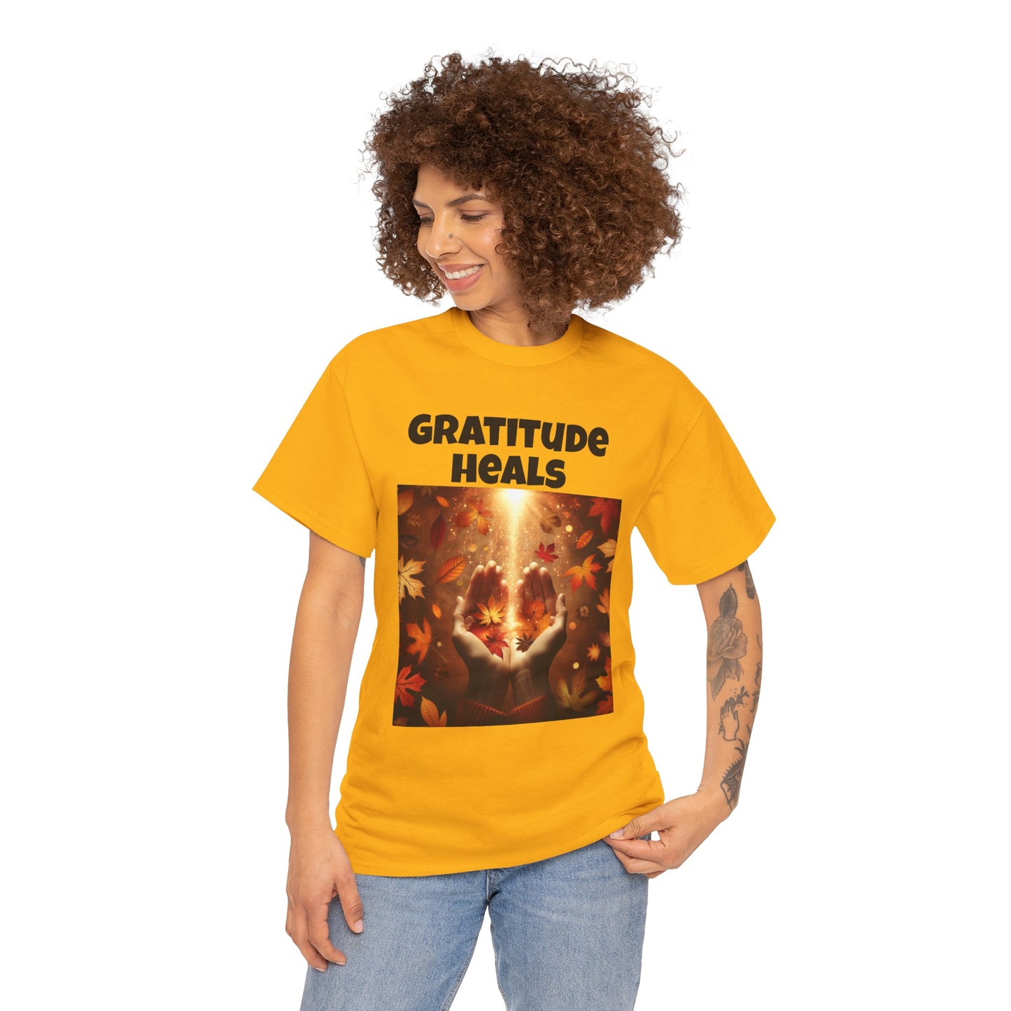 Gratitude Heals Unisex T-Shirt - Autumn Leaves and Healing Hands Design - Casual, Cotton, Fit