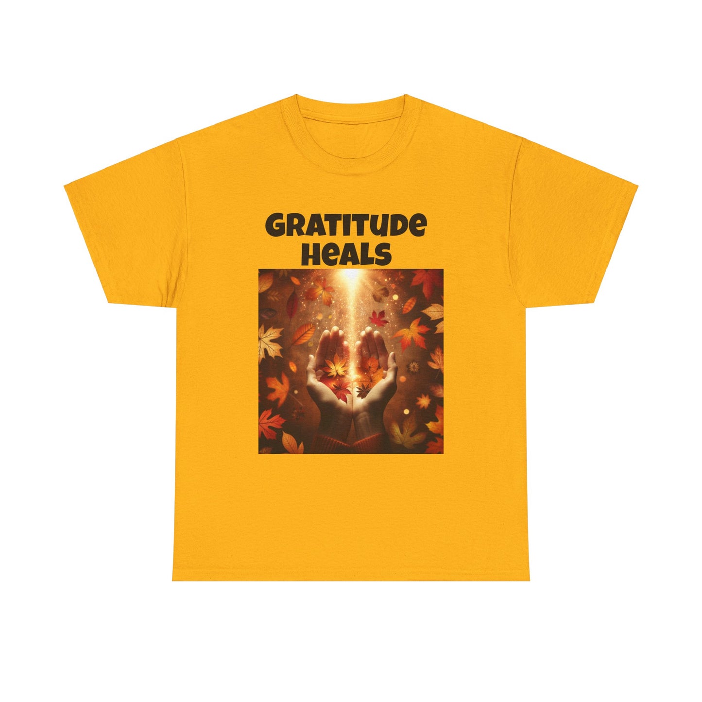 Gratitude Heals Unisex T-Shirt - Autumn Leaves and Healing Hands Design - Casual, Cotton, Fit