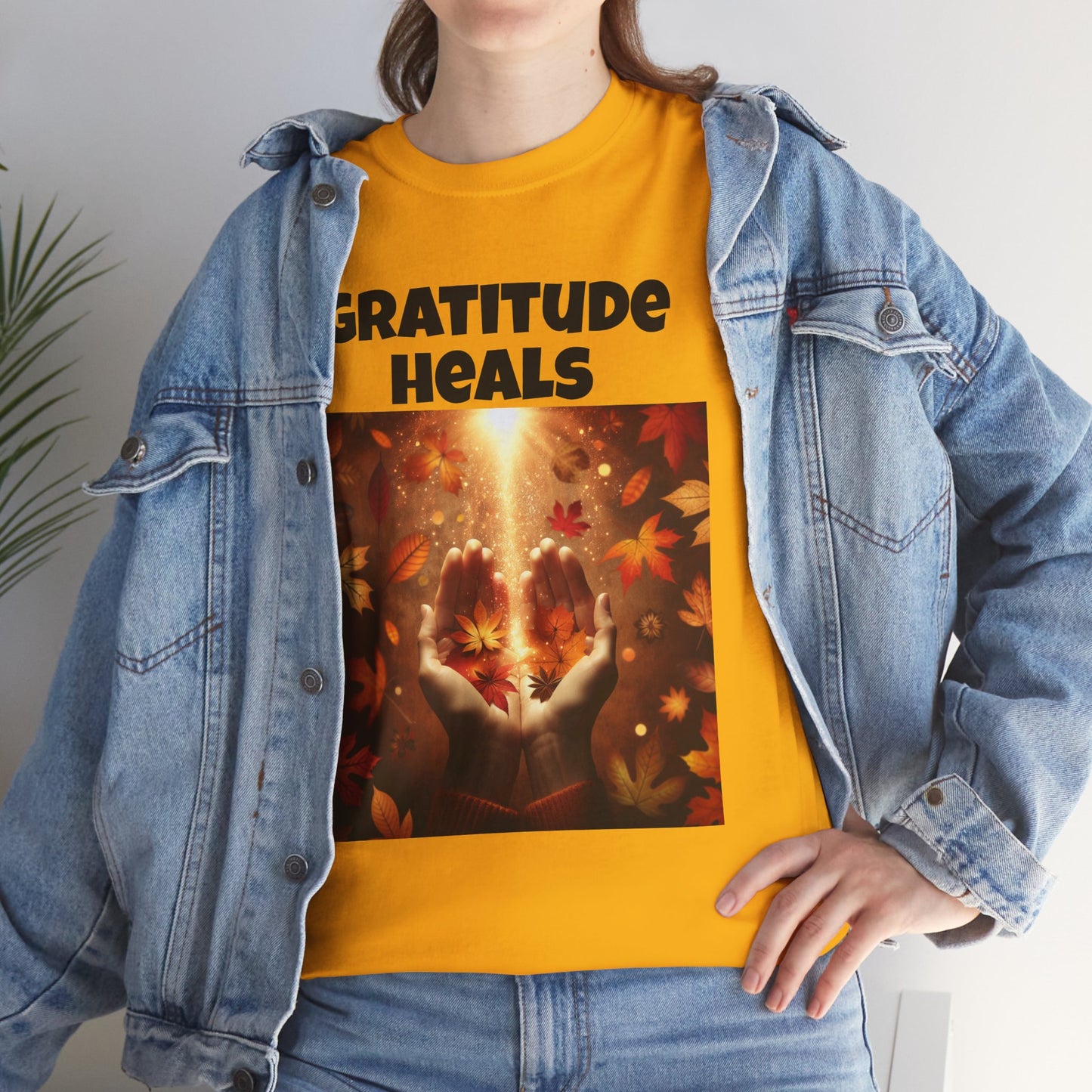 Gratitude Heals Unisex T-Shirt - Autumn Leaves and Healing Hands Design - Casual, Cotton, Fit