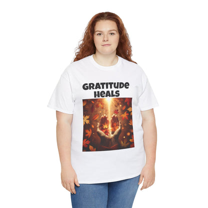 Gratitude Heals Unisex T-Shirt - Autumn Leaves and Healing Hands Design - Casual, Cotton, Fit