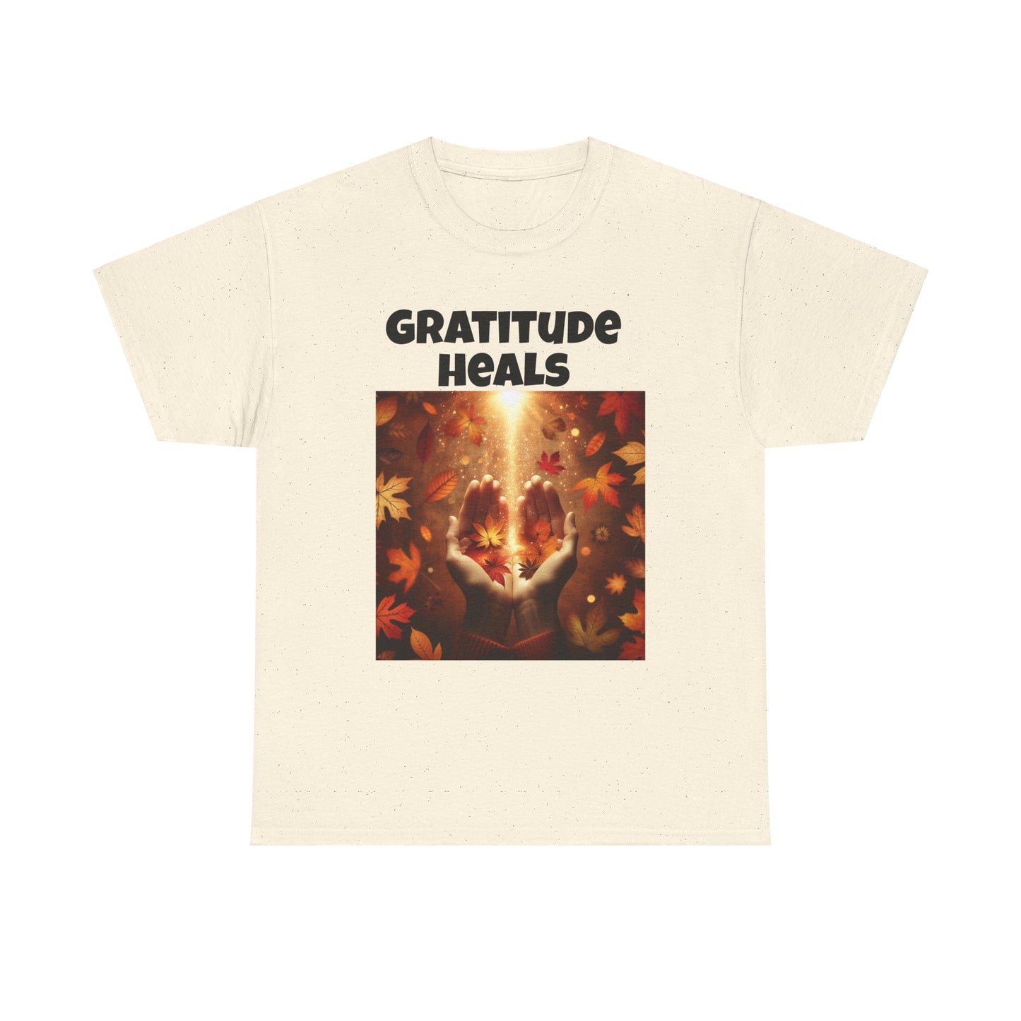 Gratitude Heals Unisex T-Shirt - Autumn Leaves and Healing Hands Design - Casual, Cotton, Fit