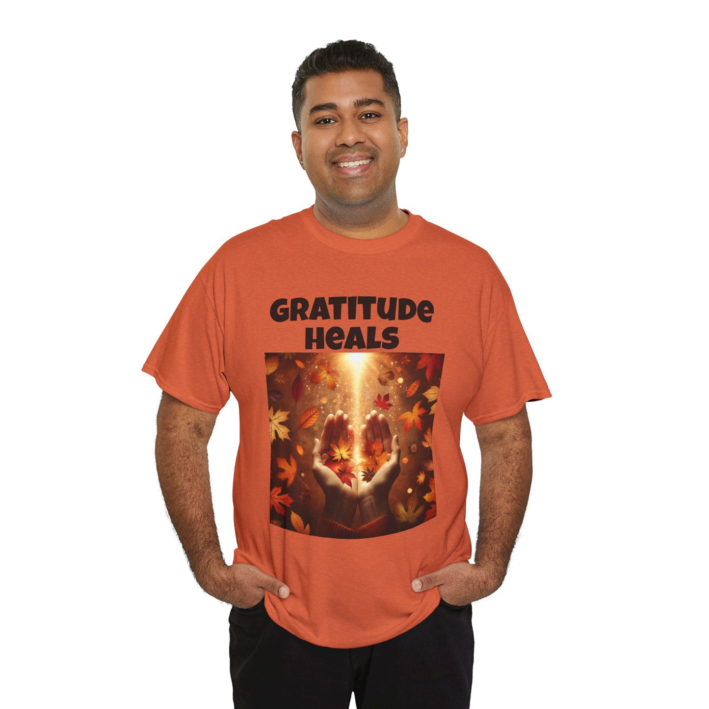 Gratitude Heals Unisex T-Shirt - Autumn Leaves and Healing Hands Design - Casual, Cotton, Fit