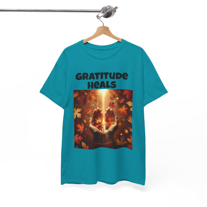 Gratitude Heals Unisex T-Shirt - Autumn Leaves and Healing Hands Design - Casual, Cotton, Fit