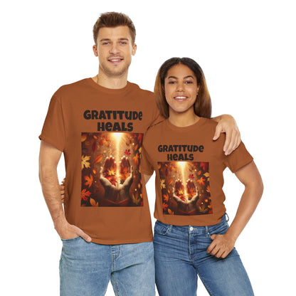 Gratitude Heals Unisex T-Shirt - Autumn Leaves and Healing Hands Design - Casual, Cotton, Fit