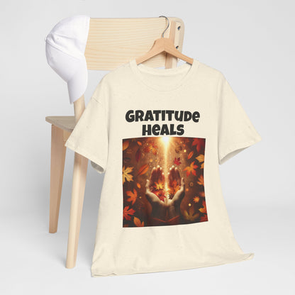 Gratitude Heals Unisex T-Shirt - Autumn Leaves and Healing Hands Design - Casual, Cotton, Fit