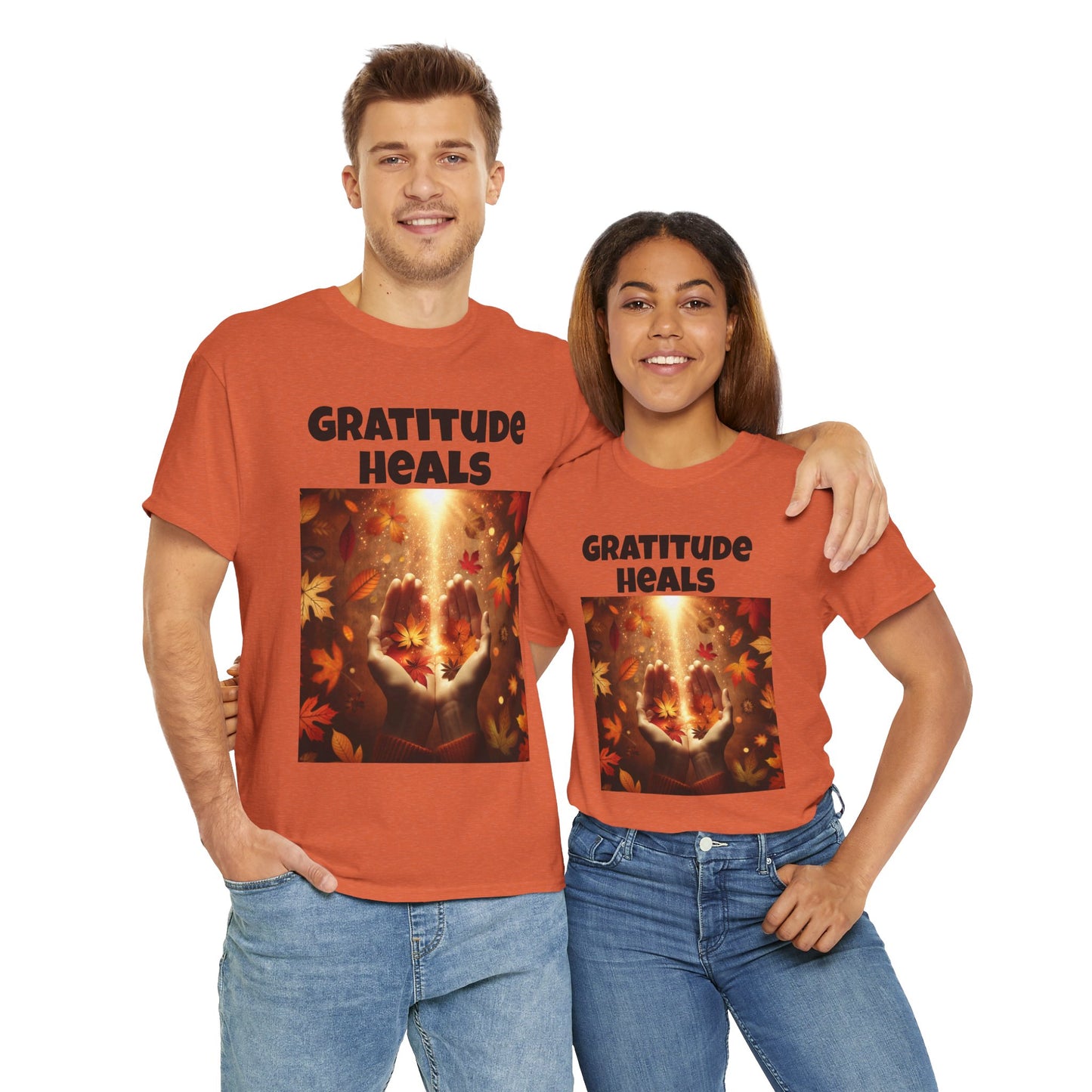 Gratitude Heals Unisex T-Shirt - Autumn Leaves and Healing Hands Design - Casual, Cotton, Fit