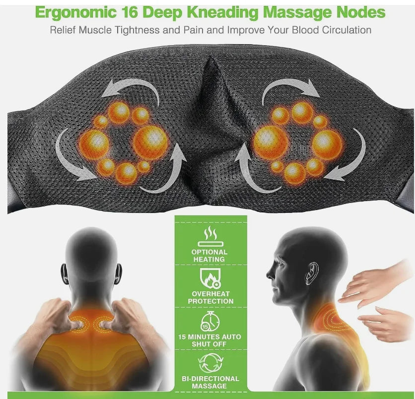 Neck and Shoulder Massager with Soothing Heat 4D Deep Tissue Shiatsu Kneading for Muscle Body Pain Relief for Men, Women Massage Pillow – BLACK