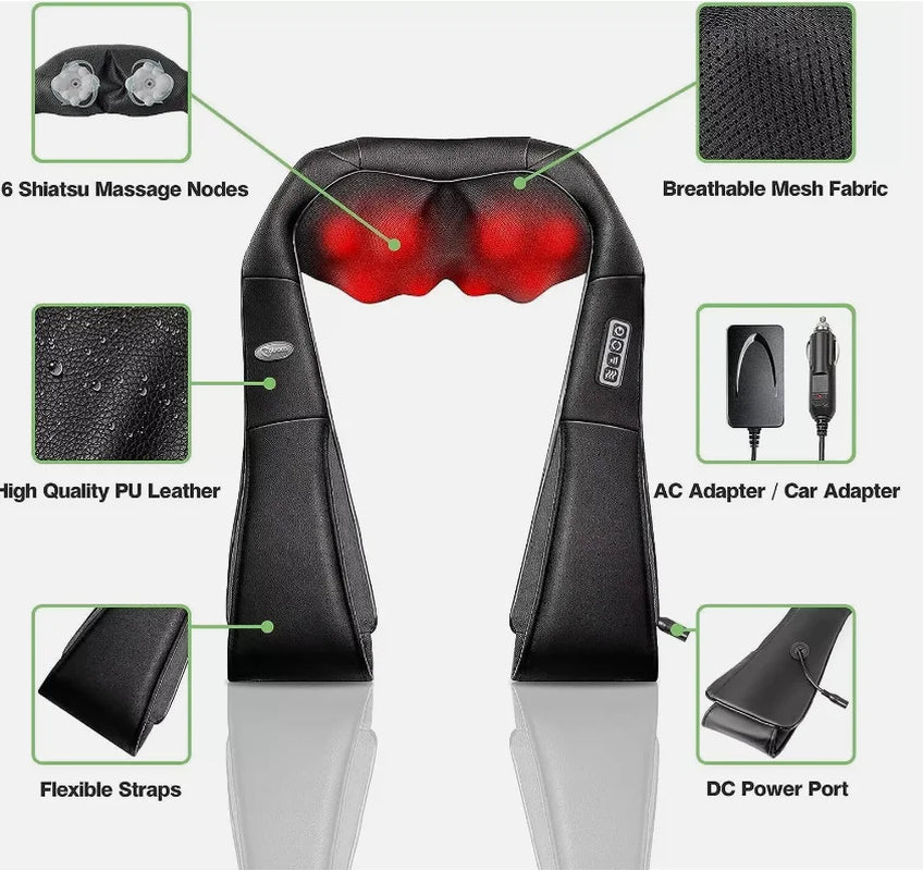 Neck and Shoulder Massager with Soothing Heat 4D Deep Tissue Shiatsu Kneading for Muscle Body Pain Relief for Men, Women Massage Pillow – BLACK