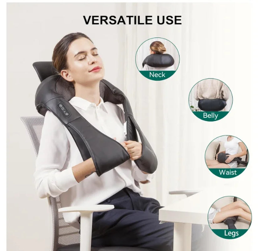 Neck and Shoulder Massager with Soothing Heat 4D Deep Tissue Shiatsu Kneading for Muscle Body Pain Relief for Men, Women Massage Pillow – BLACK